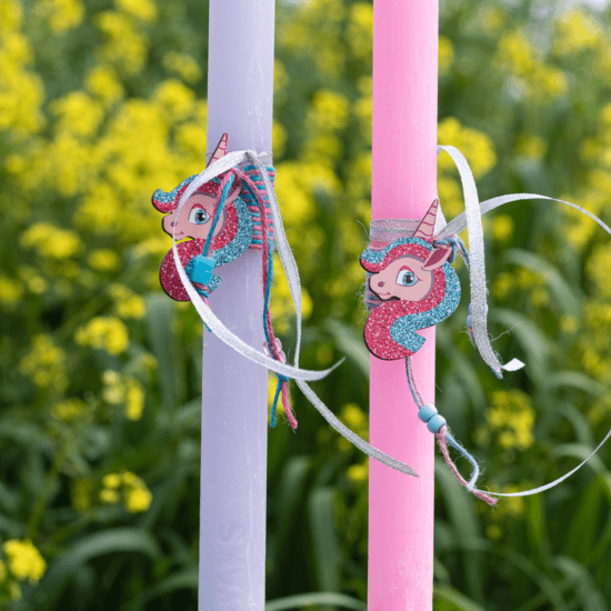 WAKS Easter candles Χειροποίητες Πασχαλινές λαμπάδες με ξύλινα οικολογικά στολίδια χάντρες και κεντήματα