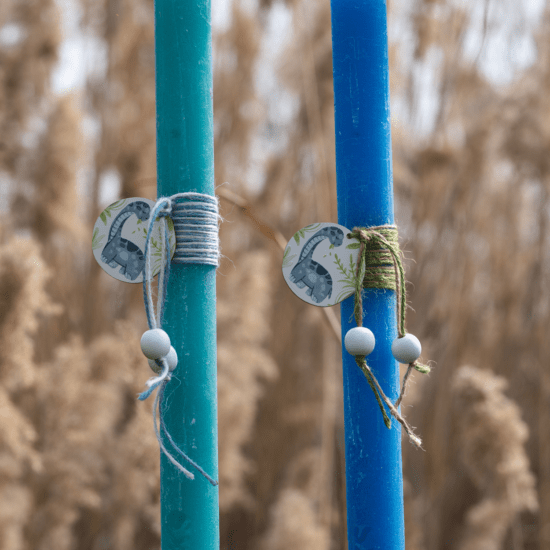 WAKS Easter candles Χειροποίητες Πασχαλινές λαμπάδες με ξύλινα οικολογικά στολίδια χάντρες και κεντήματα