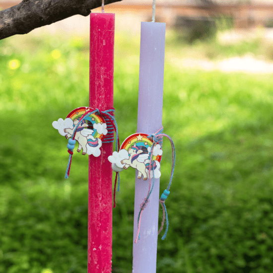 WAKS Easter candles Χειροποίητες Πασχαλινές λαμπάδες με ξύλινα οικολογικά στολίδια χάντρες και κεντήματα