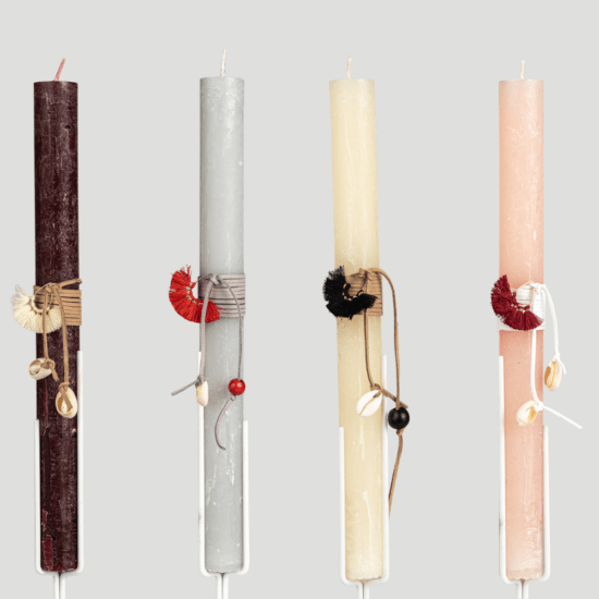 WAKS Easter candles Χειροποίητες Πασχαλινές λαμπάδες με ξύλινα οικολογικά στολίδια χάντρες και κεντήματα